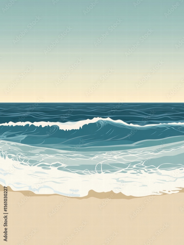 Poster Soft waves gently lap against a serene beach under a clear sky. Generative AI