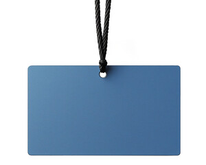 A clean and modern blue label with a black hanging string, perfectly centered and isolated, ideal for product presentations and branding projects