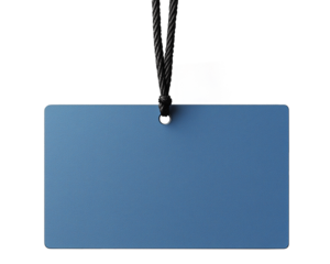 A clean and modern blue label with a black hanging string, perfectly centered and isolated, ideal for product presentations and branding projects