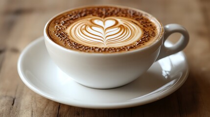 A cup of latte art coffee on a wooden table