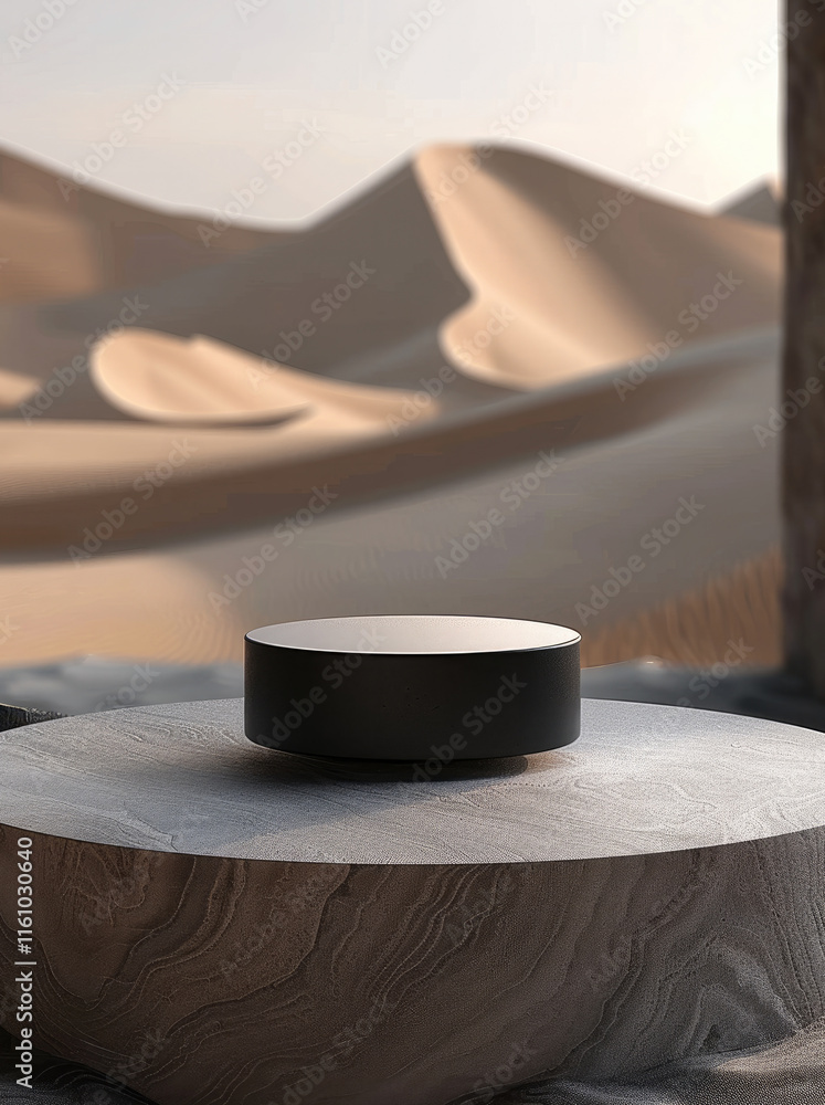Poster a black circular podium on the desert, with a gray background and high-end texture.