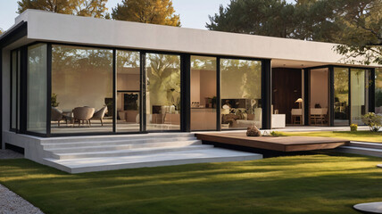 A contemporary one-floor house with a flat roof, large sliding glass doors leading to a backyard, and sleek, clean lines throughout.

