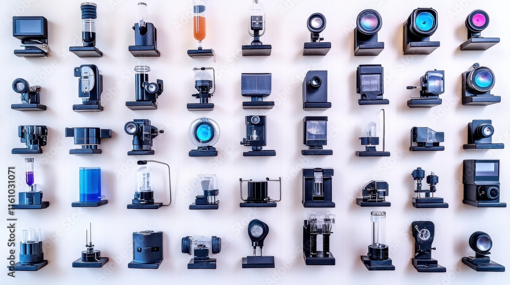 Poster a collection of various black devices displayed on shelves, illustrating different types of technolo