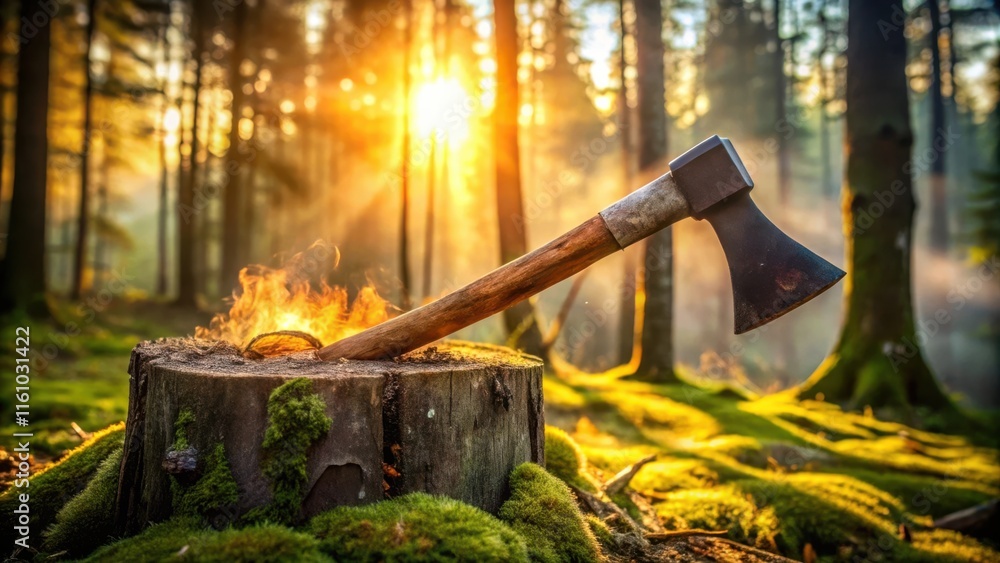 Poster an axe stuck in a tree stump with smoke rising from the wood, set against a backdrop of a forest bat