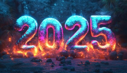 Glowing Neon Numbers Two Thousand Twenty Five Emerging From Lava