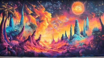 Fototapeta premium Surreal Alien Landscape Mural: Vibrant Colors and Cosmic Wonders