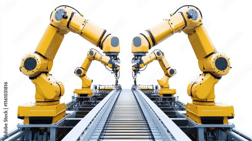 Poster a futuristic assembly line featuring robotic arms working in unison, showcasing automation and advan
