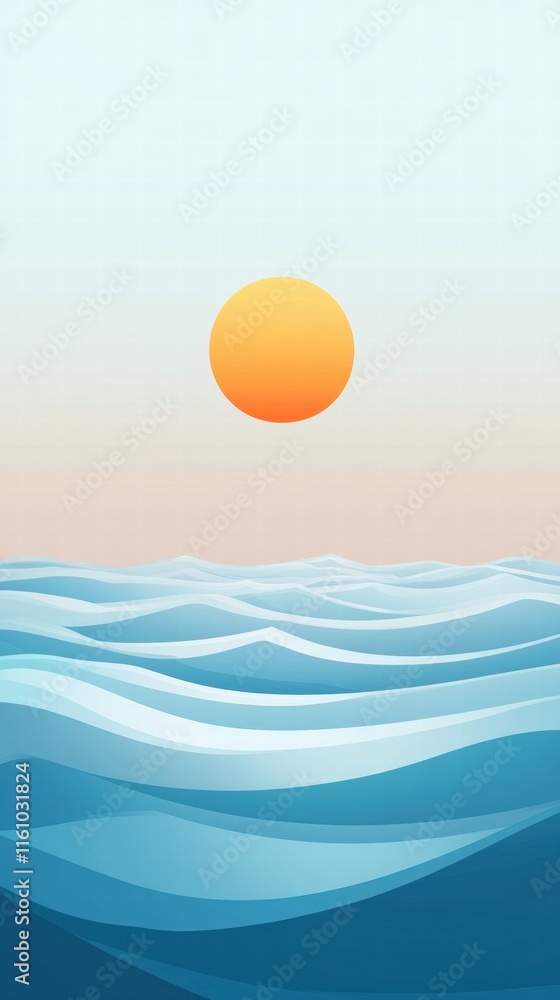 Fototapete Stylized sunset over soft waves with ample space for text in a calming design ideal for relaxing themes. Generative AI