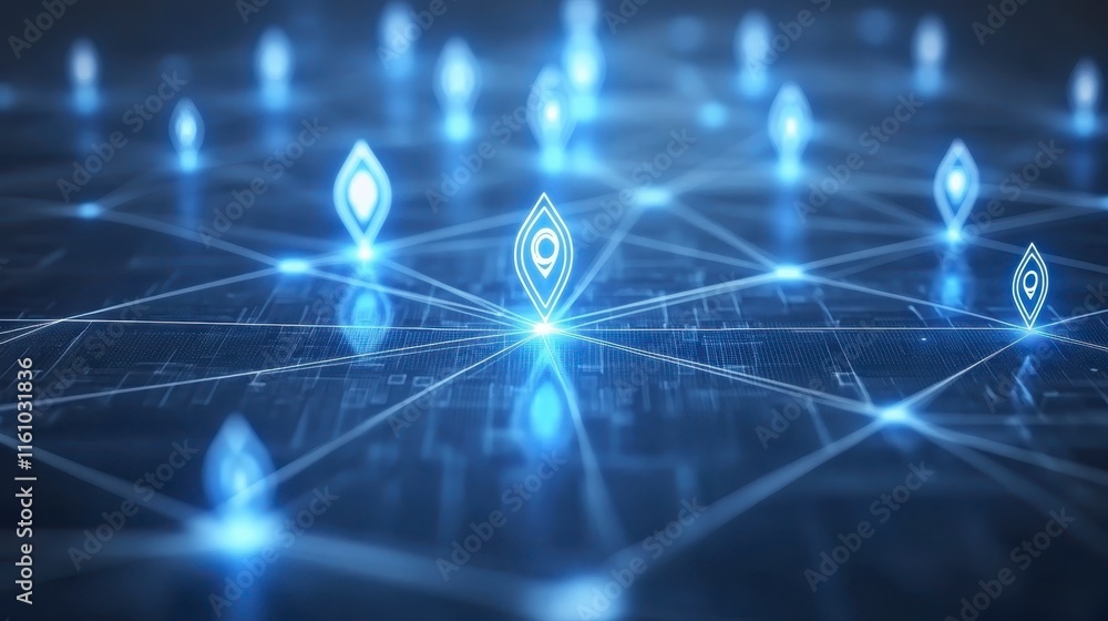 Poster a digital network visualization with glowing blue nodes connected by lines, representing data flow a