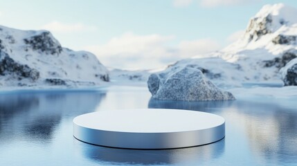 3Drendered ice podium on a frozen lake with ice rocks Round stage for advertising cosmetics skincare or other products in a winter setting