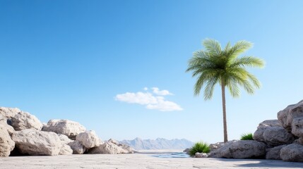 A serene beach scene with a palm tree and rocky surroundings.
