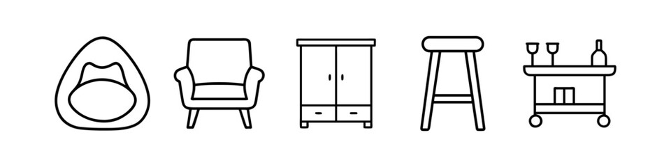 Line Icons of Chairs, Storage, and Bar Furniture - Minimalistic line icons featuring a bean bag, armchair, wardrobe, stool, and bar cart, perfect for furniture and interior design themes.