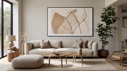 A chic, minimalist living area with a neutral sofa, large window for natural light, and a single piece of statement art on the wall.

