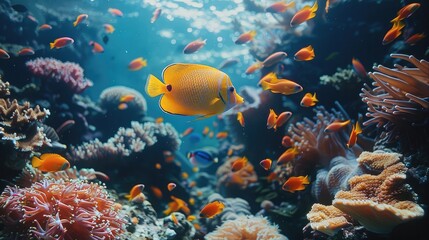 Naklejka premium A colorful school of tropical fish swimming through a coral reef, vibrant underwater scenery.