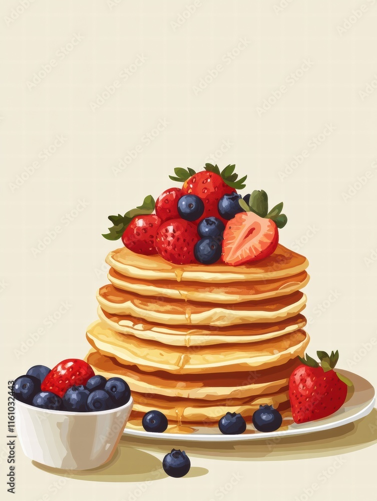 Poster stack of golden pancakes topped with fresh strawberries and blueberries for a delightful breakfast e