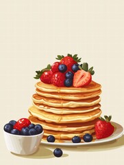 Stack of golden pancakes topped with fresh strawberries and blueberries for a delightful breakfast experience. Generative AI