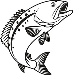 Grouper fish vector design and using black color line art illustration on a white background.