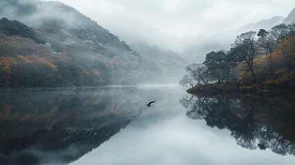 Misty lake, autumn foliage, bird in flight, serene reflection.