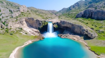 A stunning waterfall cascading into a turquoise lake surrounded by hills.