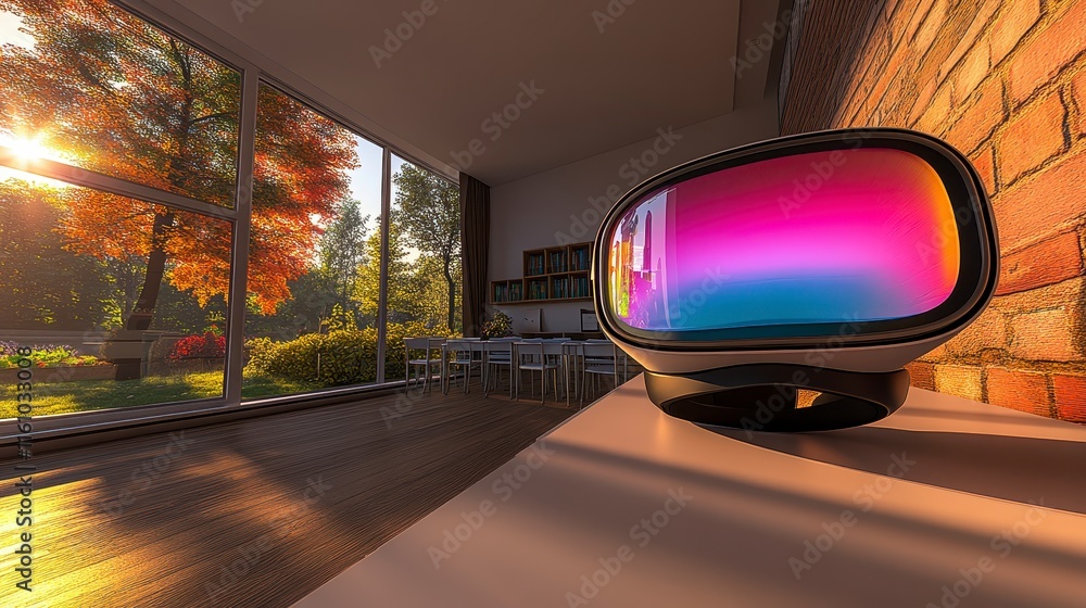 Poster a modern device sits on a table, reflecting vibrant colors, with a scenic view of trees and sunlight