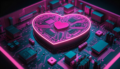 futuristic neon heart shaped circuit board. perfect for valentine's day, technology, and love themed projects. vibrant pink and purple colors. 3d render.