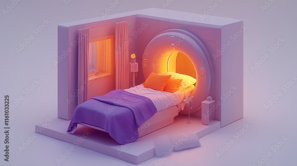 Poster a cozy, modern bedroom featuring an illuminated circular element, creating a warm and inviting atmos