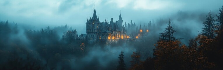 Obraz premium Enchanting Gothic Castle in Foggy Landscape with Mystical Ambiance