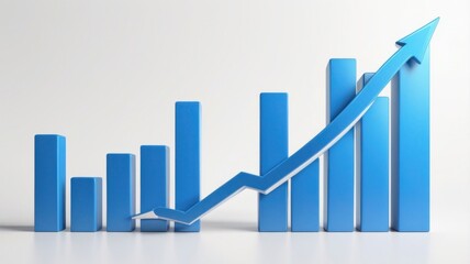 Blue upward arrow symbol rising over bar graph on white background, representing business growth, success, and progress. Generative AI