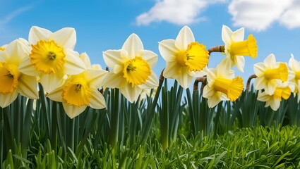 Yellow Daffodils Blooming in Green Grass Under Blue Sky