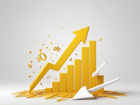 falling white chart arrow with percent icon on yellow background. Falling interest rates and mortgage concept. Generative AI
