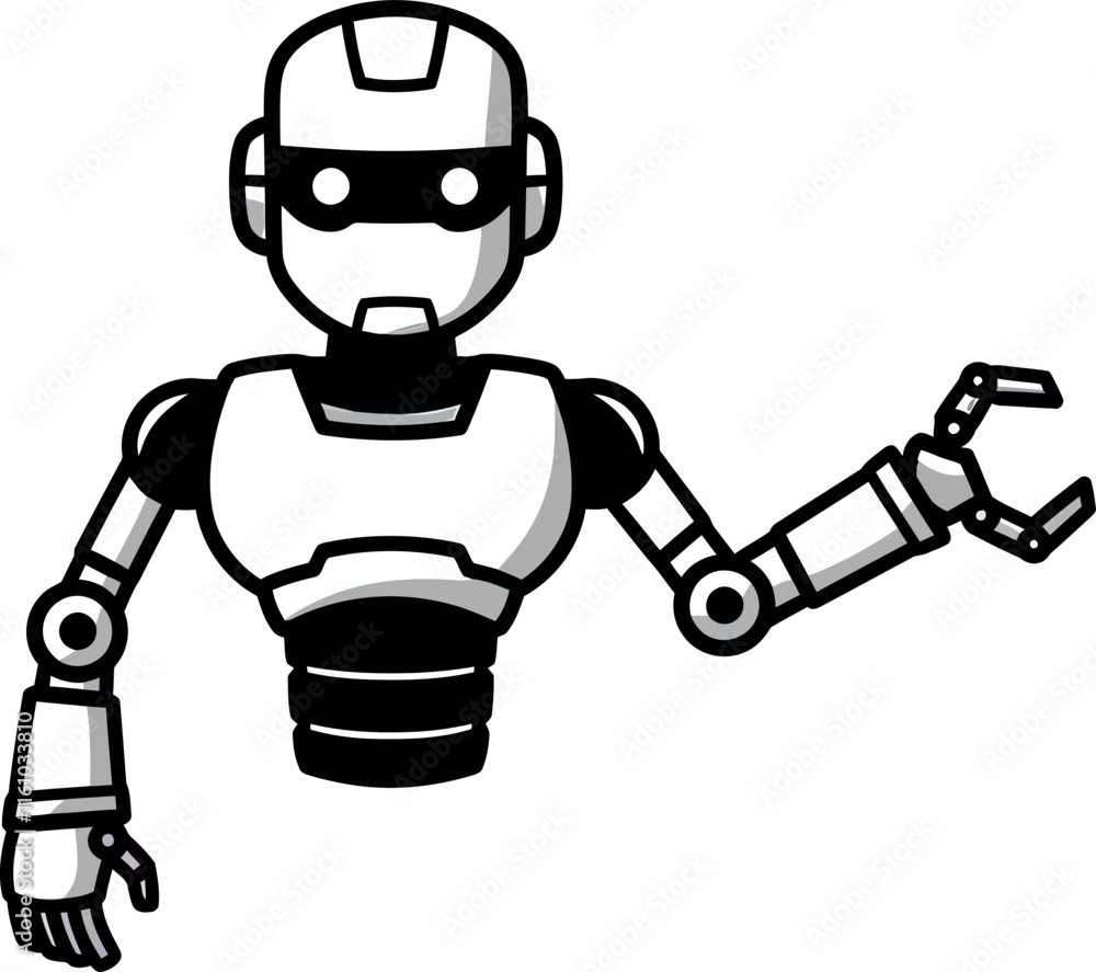Poster a close-up of a robot holding a wrench in its hand.