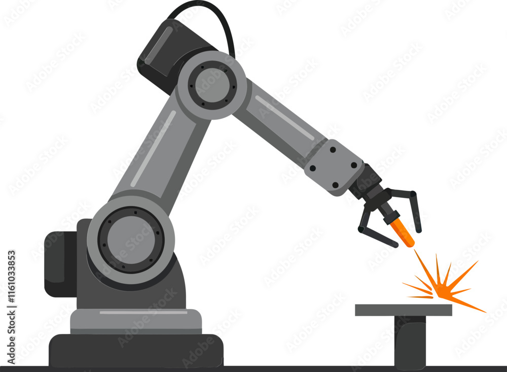 Poster a gray robot is working on a table with a small piece of metal