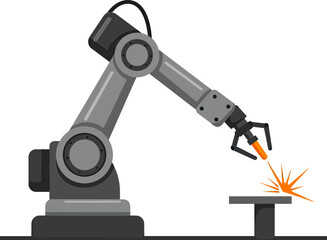 A gray robot is working on a table with a small piece of metal