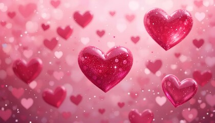 Floating hearts in shades of pink create a romantic backdrop filled with love