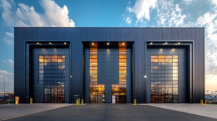 Obraz premium Modern Industrial Building with Illuminated Doors