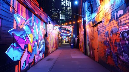 Fototapeta premium Vibrant Night Alley: Urban Graffiti Art Under City Lights