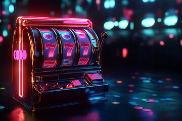 Slot machine lever pulled down with neon details