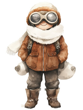 simple watercolor illustration of a cute Middle-aged man in pilot suit, brown hat with white fleece and classic aviator goggles, brown leather jacket, cream scarf, dark brown leather gloves, cream puf