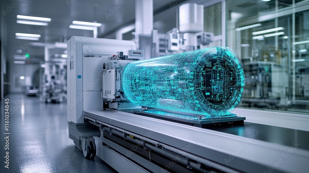 Poster a futuristic machine displaying a holographic model, surrounded by a clean, high-tech environment, s