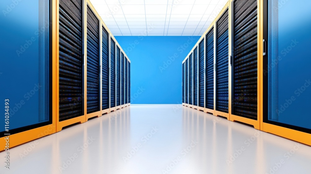 Poster a corridor of server racks in a data center.