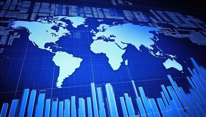 A digital world map with data visualization elements and graphs, representing global analytics.
