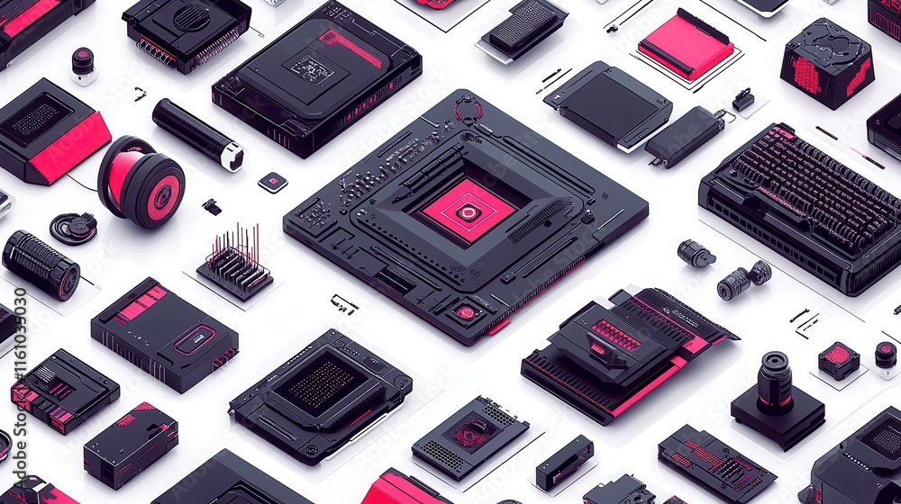 Poster a visually striking arrangement of tech components in black and red, showcasing various electronic p