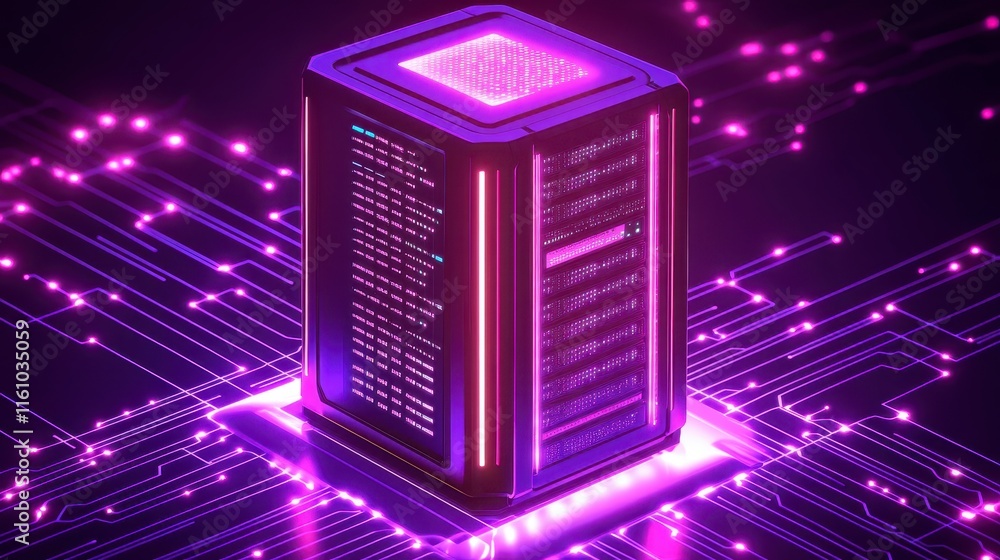 Poster a futuristic server tower is illuminated with vibrant purple lights, surrounded by glowing circuit p