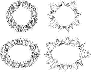 Background of pine tree forest, oval and round circle frame set. Vector  graphic line illustration. Transparent background