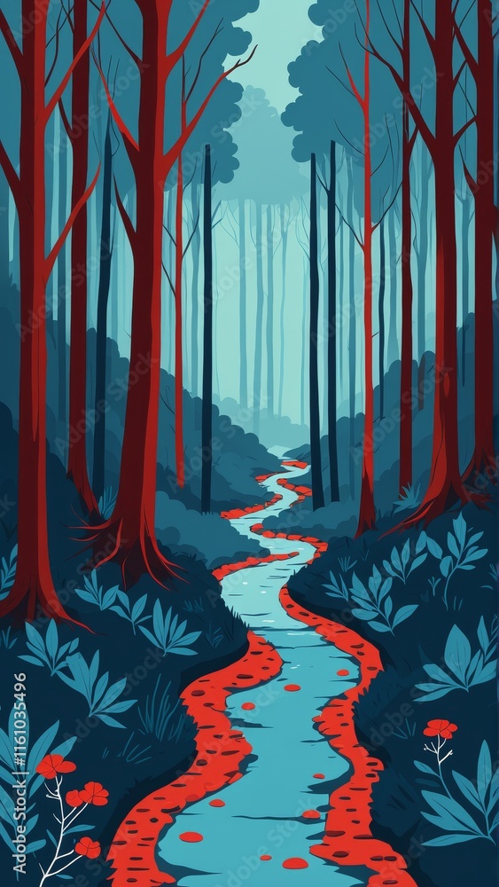 Poster enchanting forest pathway with red trees and tranquil blue stream