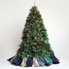 Obraz premium Many clothes to be a tall Christmas tree, white background.