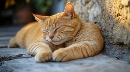Yellow cat resting comfortably on a cement floor, showcasing the tranquil nature of a yellow cat in a relaxed pose on the cold surface of cement.