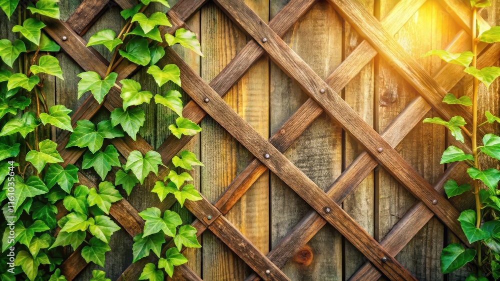 Poster sunlight illuminating lush green ivy growing on a rustic wooden trellis with a diamond pattern