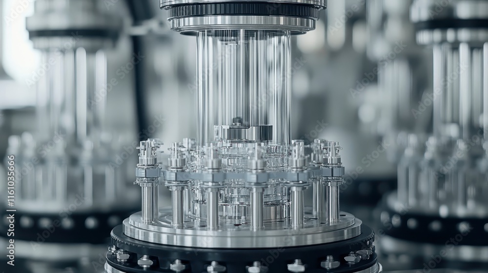 Poster a close-up view of a high-tech laboratory apparatus featuring transparent glass components, typicall