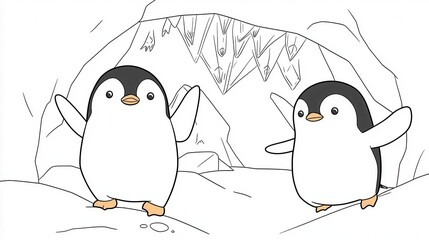 Two cute cartoon penguins stand inside a snowy cave, playfully spreading their wings in a fun, whimsical illustration.